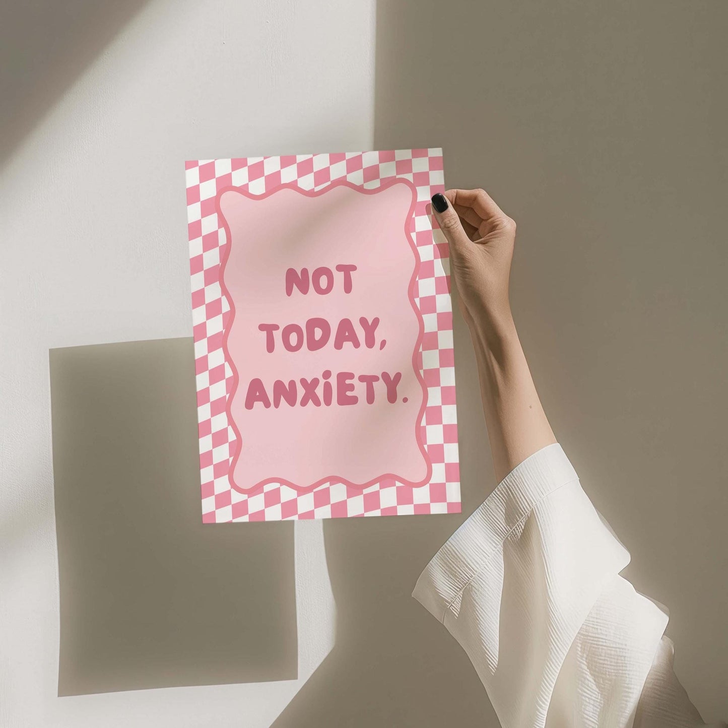 Not Today Anxiety Art Print Pink Checkered Wall Print