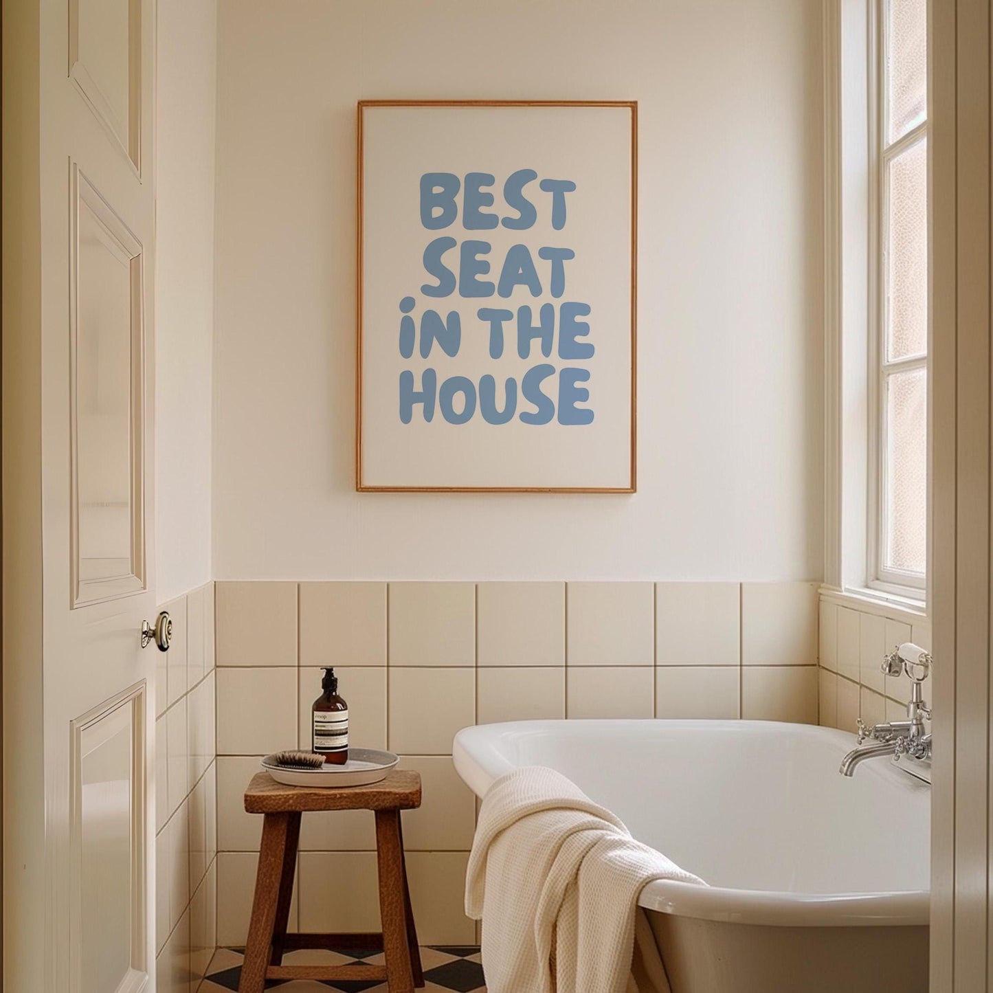 Best Seat In The House Art Print Funny Above Toilet Wall Art Trendy Retro Light Blue Bathroom Wall Decor