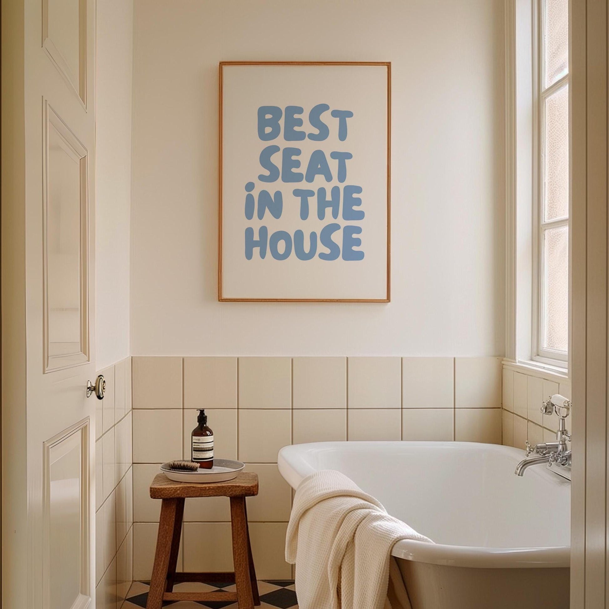 Best Seat In The House Art Print Funny Above Toilet Wall Art Trendy Retro Light Blue Bathroom Wall Decor
