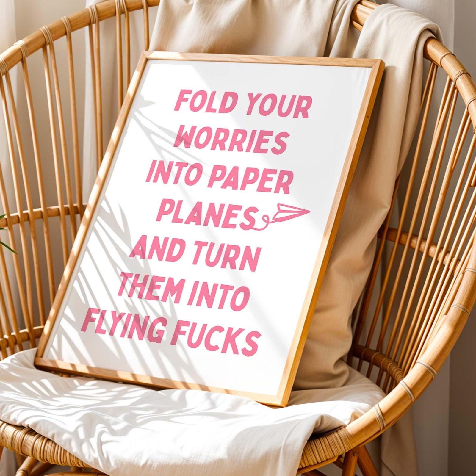 Fold Your Worries Into Paper Planes and Turn Them Into Flying Fucks Art Print Pink and White