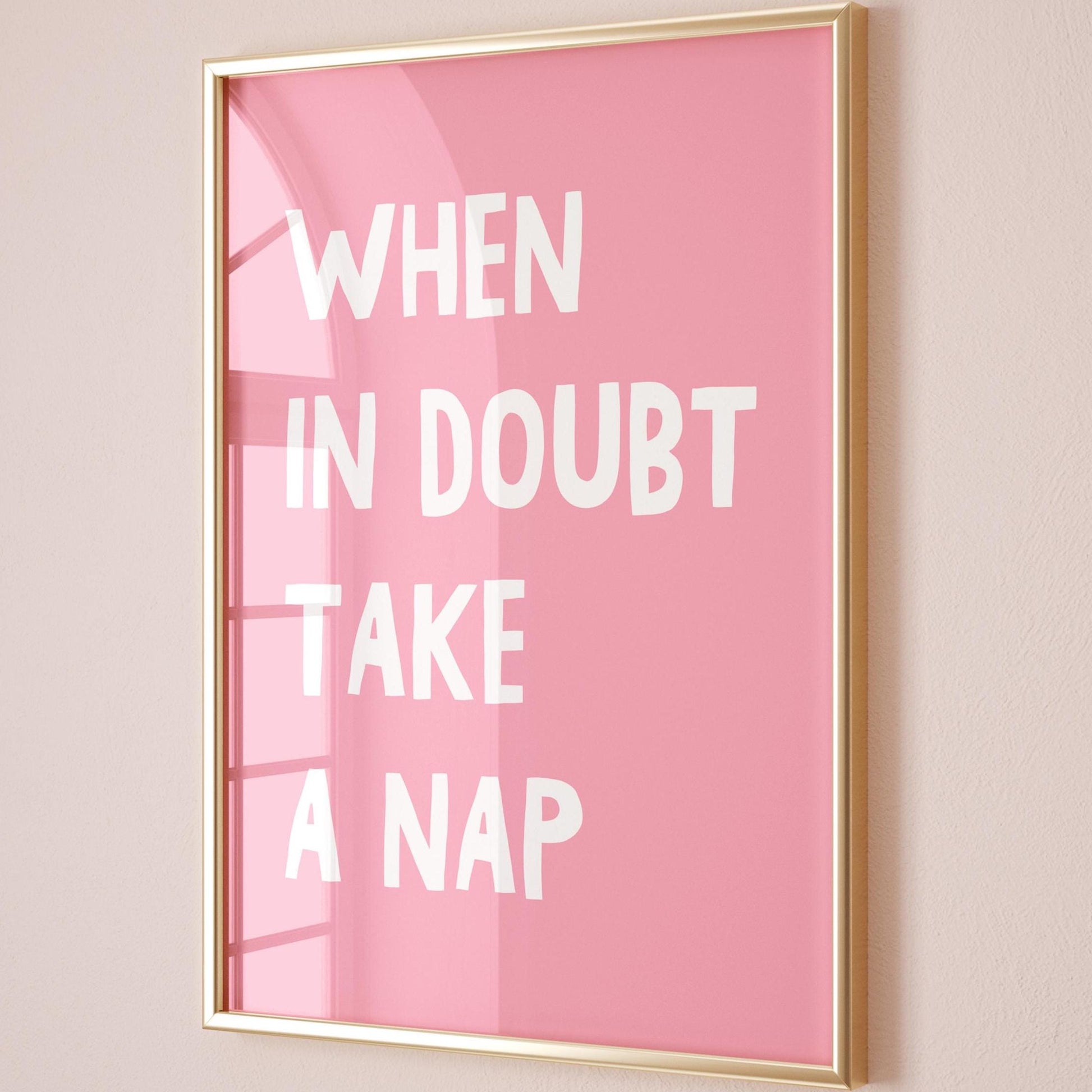 When In Doubt Take A Nap Art Print Funny Bedroom Wall Decor Above Bed Print Pink and White
