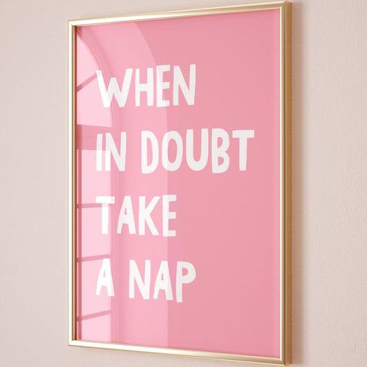 When In Doubt Take A Nap Art Print Funny Bedroom Wall Decor Above Bed Print Pink and White