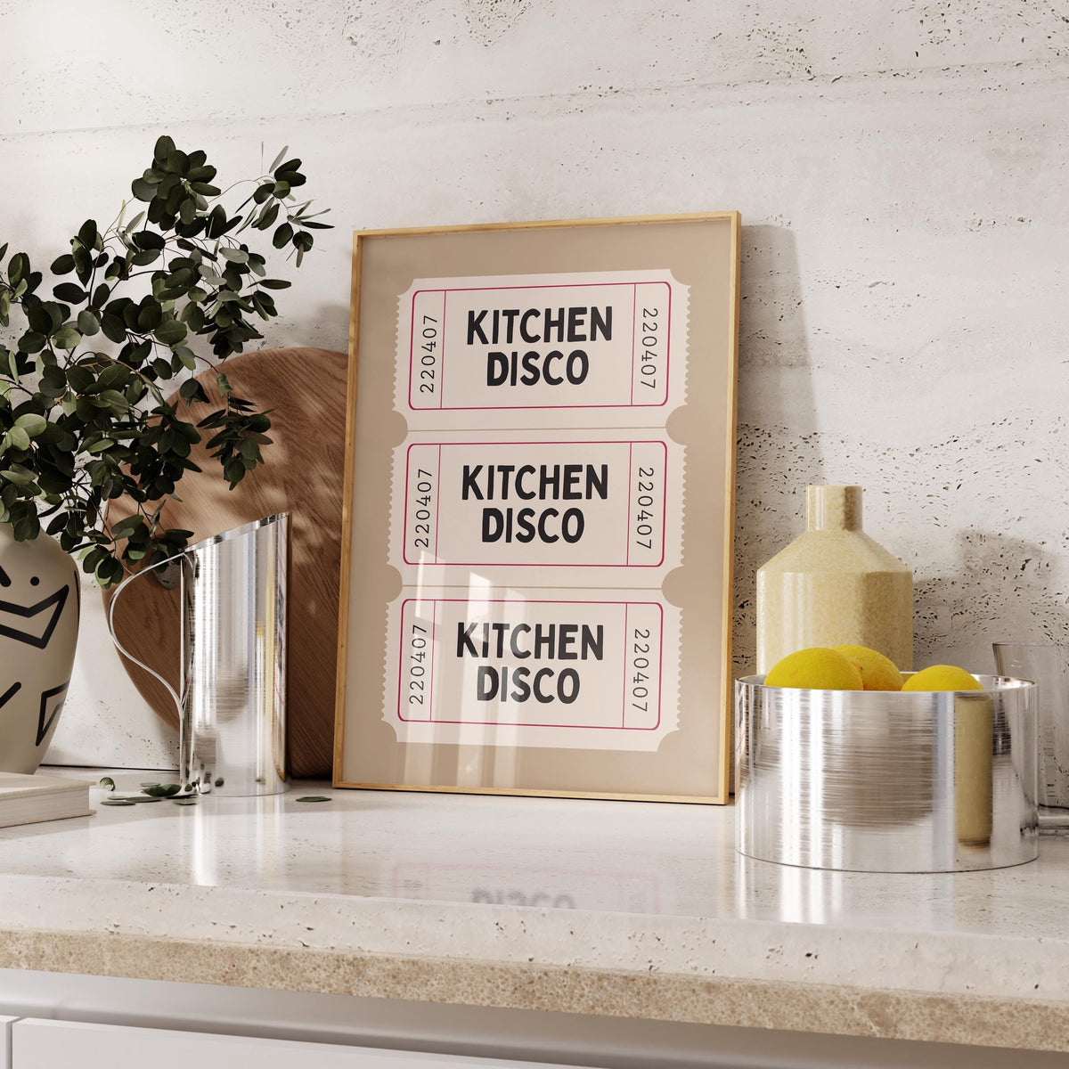 Retro Ticket Art Print, Kitchen Disco Wall Print, Funny Kitchen Wall Art Beige and Cream