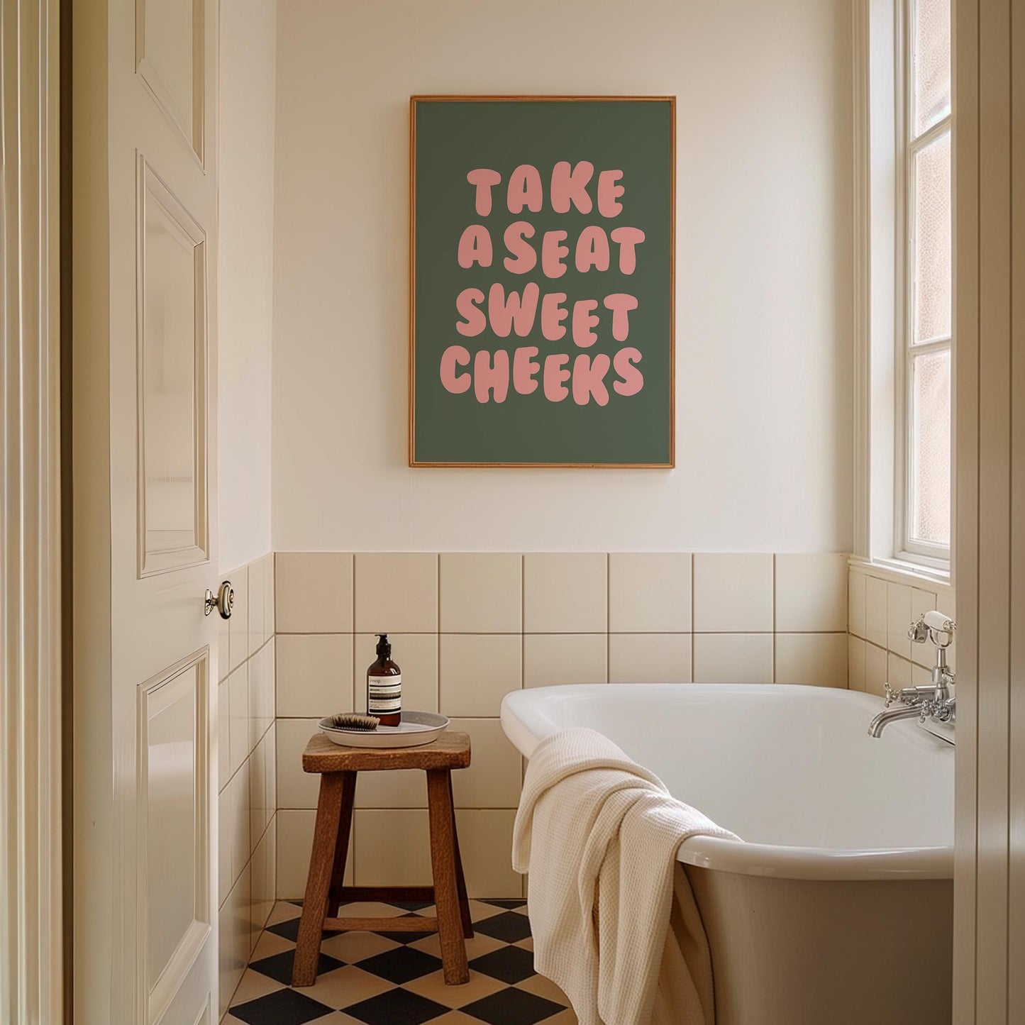 Take a Seat Sweet Cheeks Art Print Green and Pink Bathroom Wall Decor