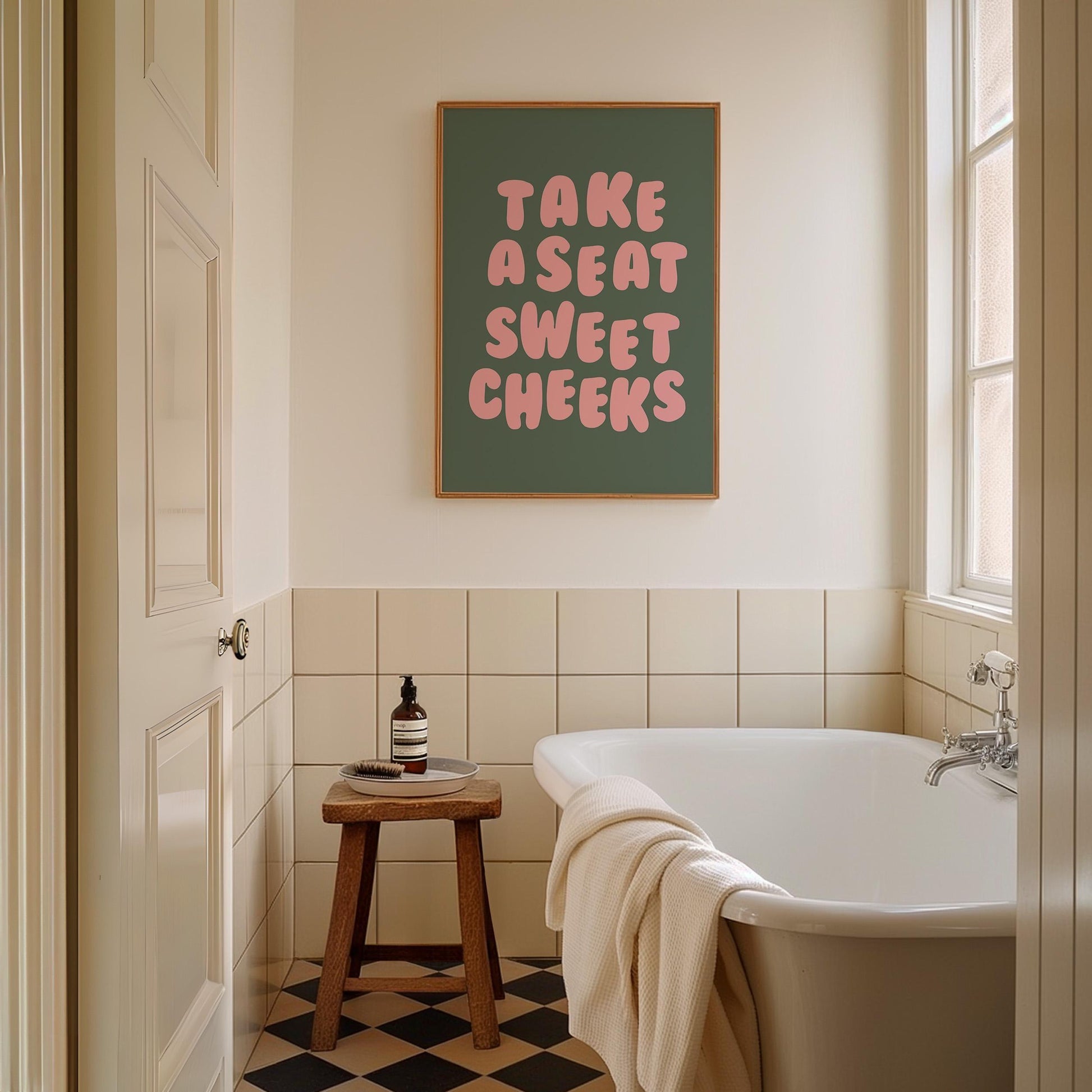Take a Seat Sweet Cheeks Art Print Green and Pink Bathroom Wall Decor