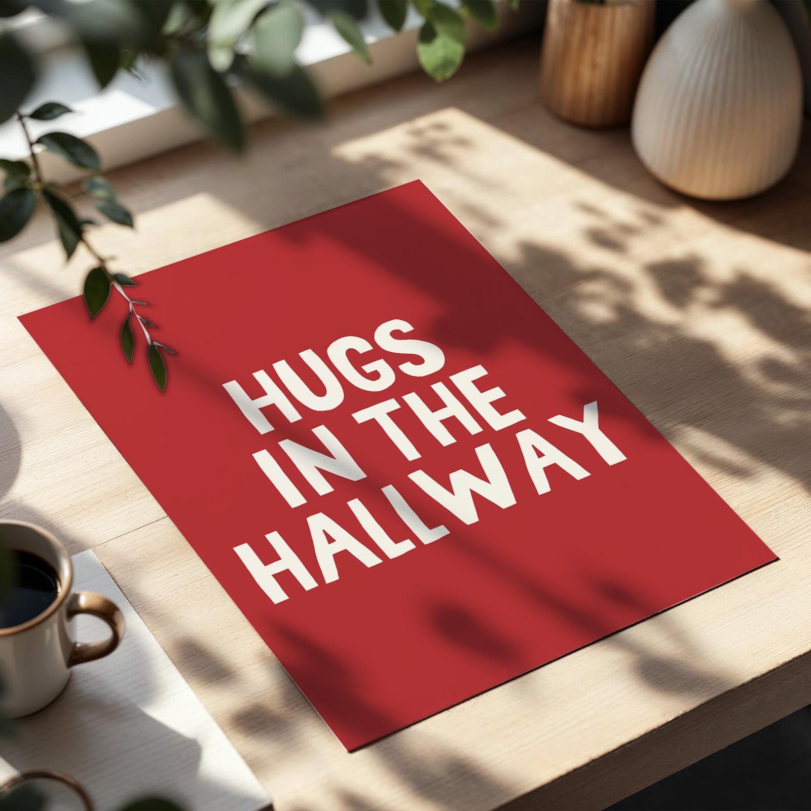 Hugs In The Hallway Art Print Red and Cream Wall Decor