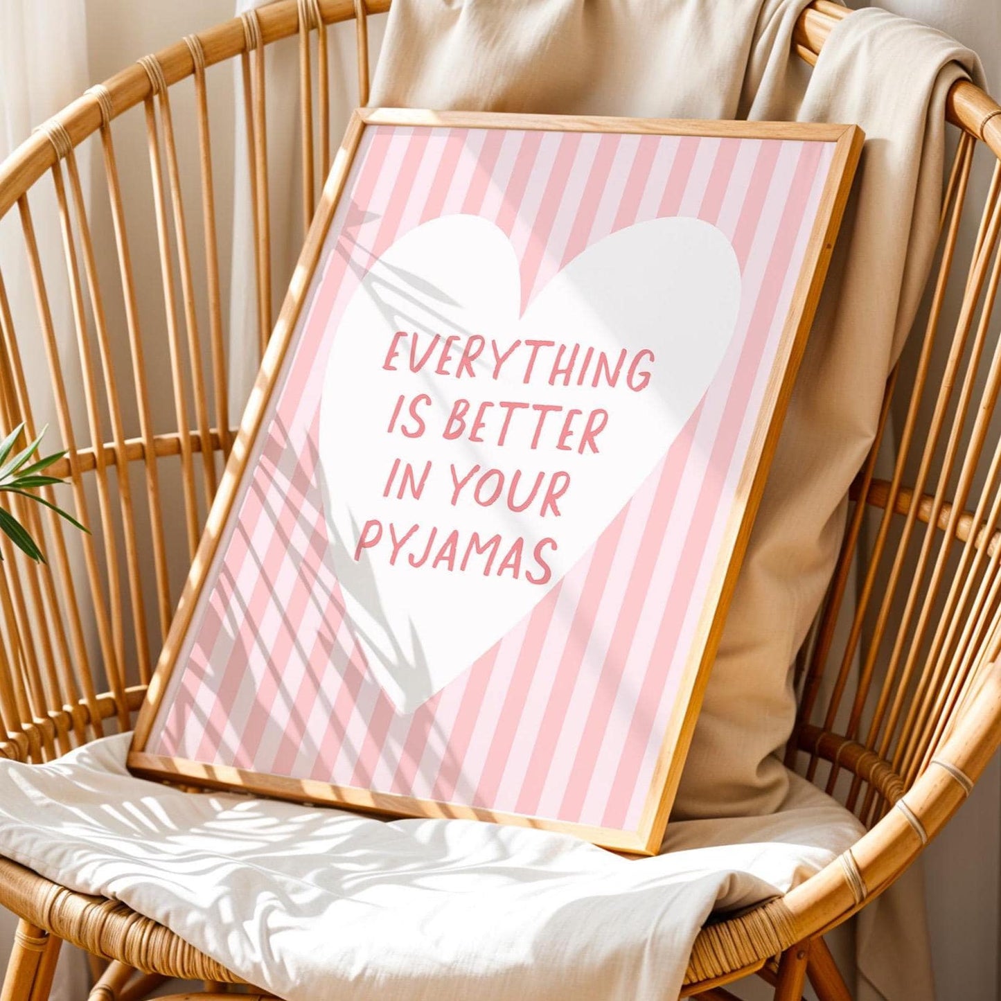 Everything Is Better In Your Pyjamas Art Print Light Pink and White Heart Striped Wall Decor