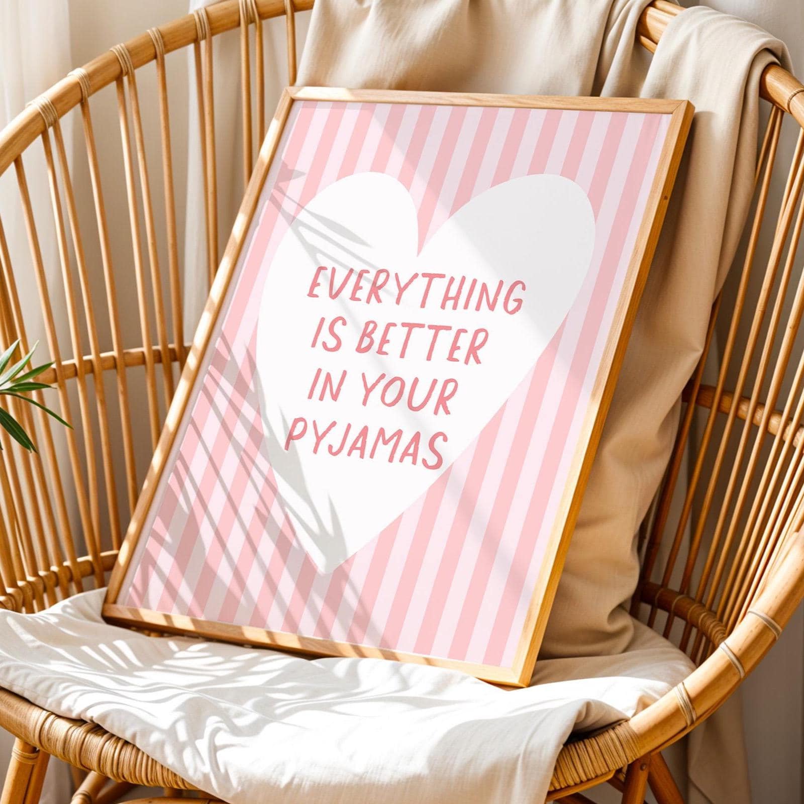 Everything Is Better In Your Pyjamas Art Print Light Pink and White Heart Striped Wall Decor