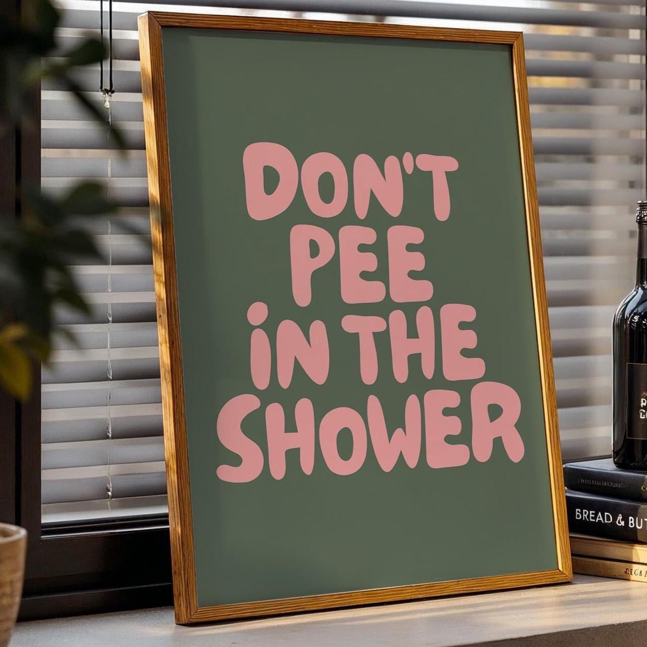 Dont Pee In The Shower Art Print Trendy Retro Green and Pink Bathroom Wall Decor