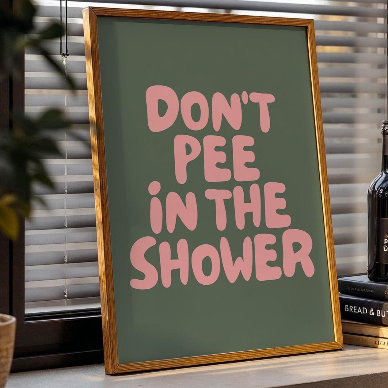 Dont Pee In The Shower Art Print Trendy Retro Green and Pink Bathroom Wall Decor