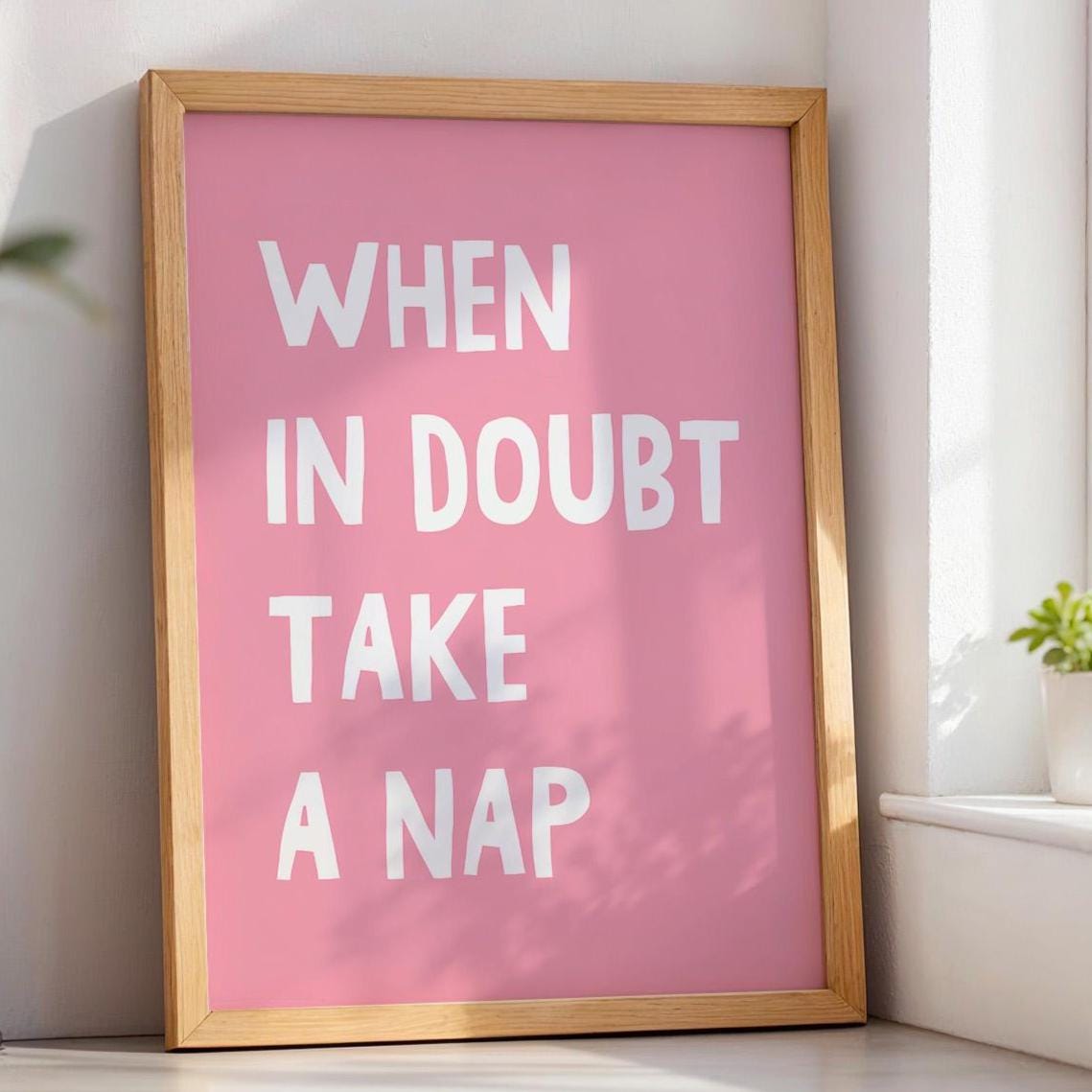 When In Doubt Take A Nap Art Print Funny Bedroom Wall Decor Above Bed Print Pink and White