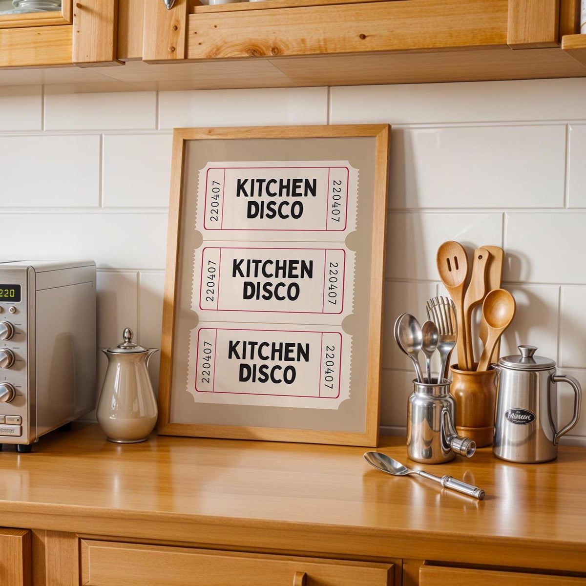 Retro Ticket Art Print, Kitchen Disco Wall Print, Funny Kitchen Wall Art Beige and Cream