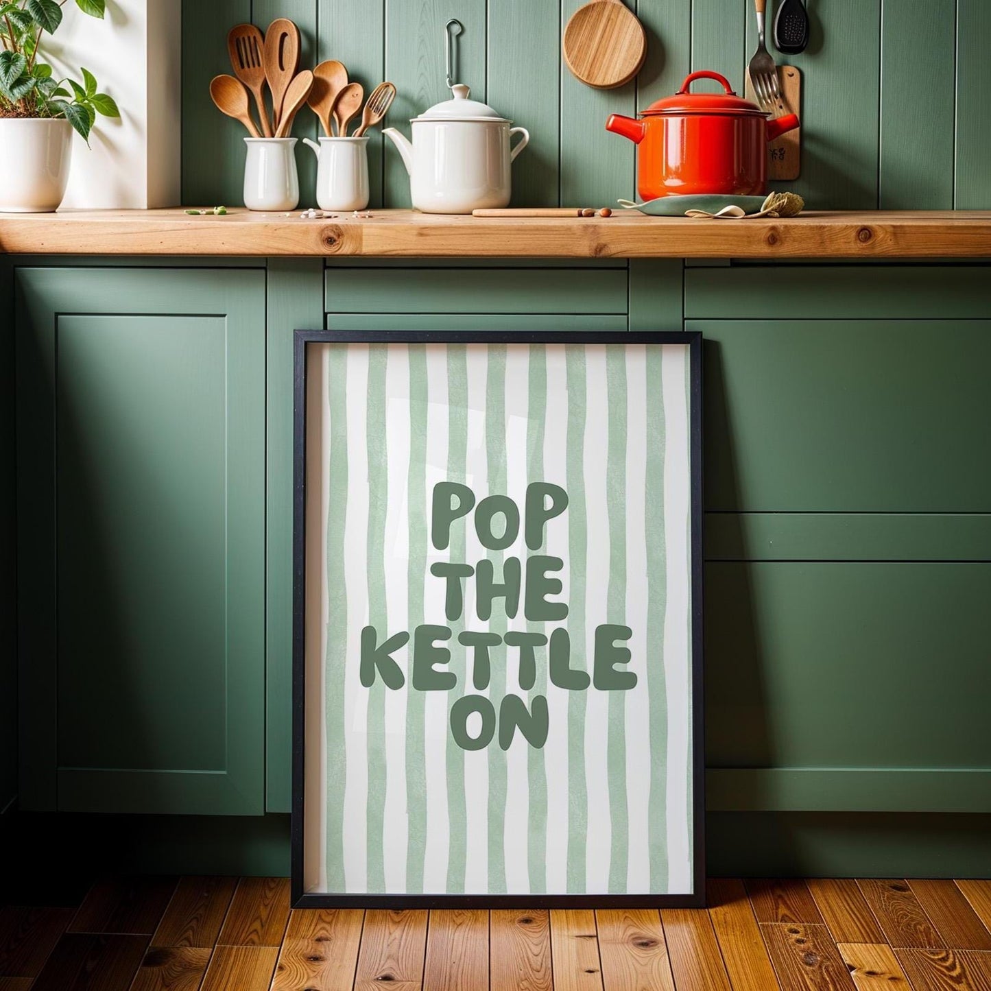 Pop The Kettle On Art Print Green Kitchen Wall Art