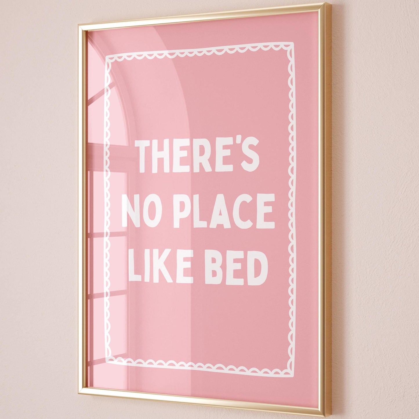 Theres No Place Like Bed Art Print Pink and White Wall Decor