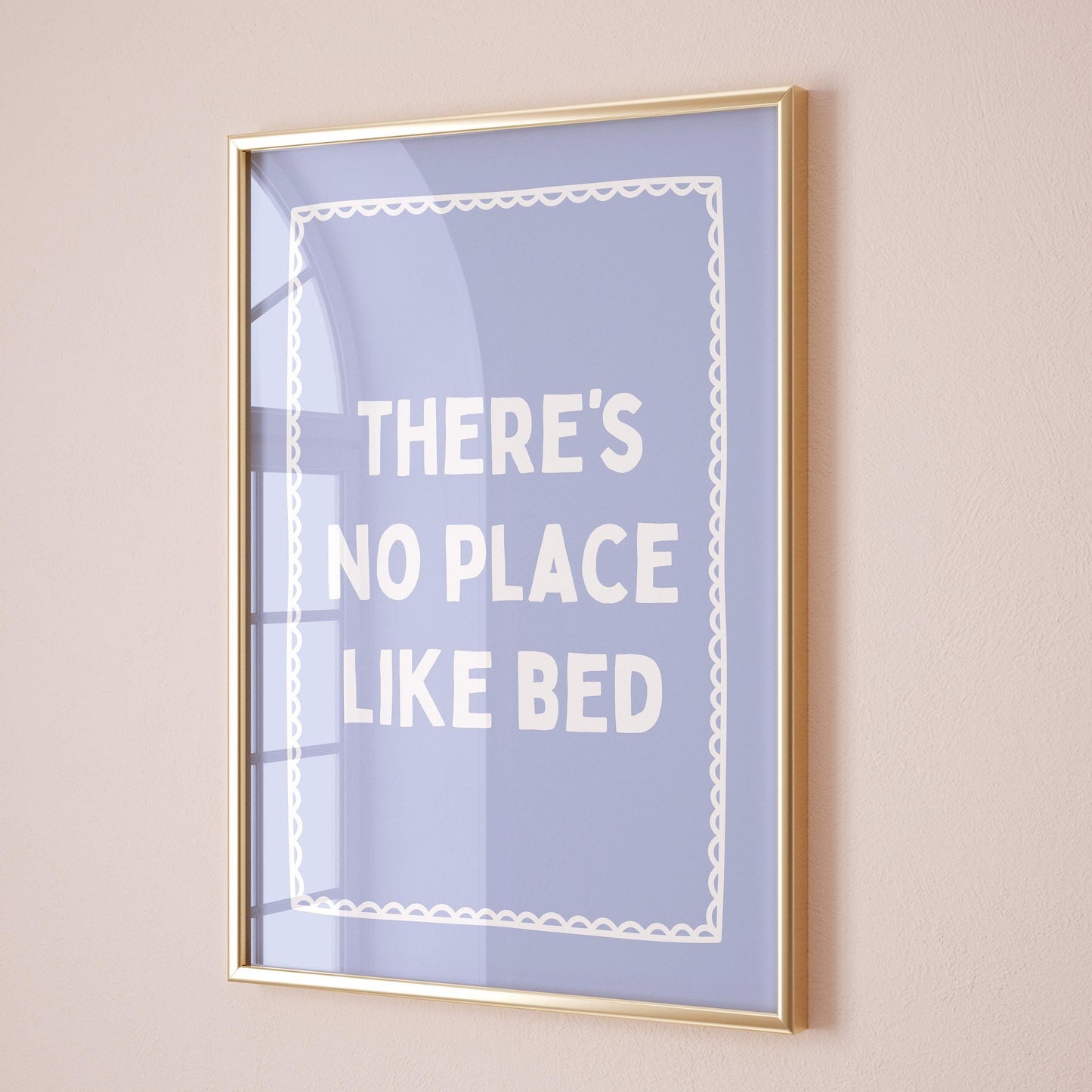 Theres No Place Like Bed Art Print Cute Bedroom Print Above Bed Light Blue and White Decor