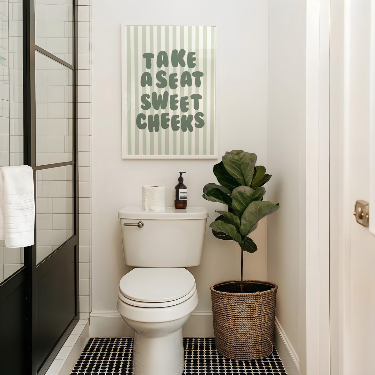 Take a Seat Sweet Cheeks Art Print: Retro Green Bathroom Decor