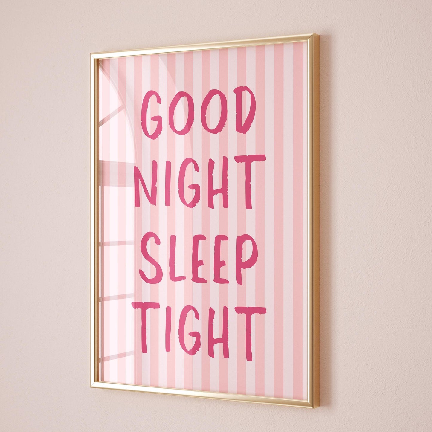 Good Night Sleep Tight Art Print: Pink Striped Bedroom Decor