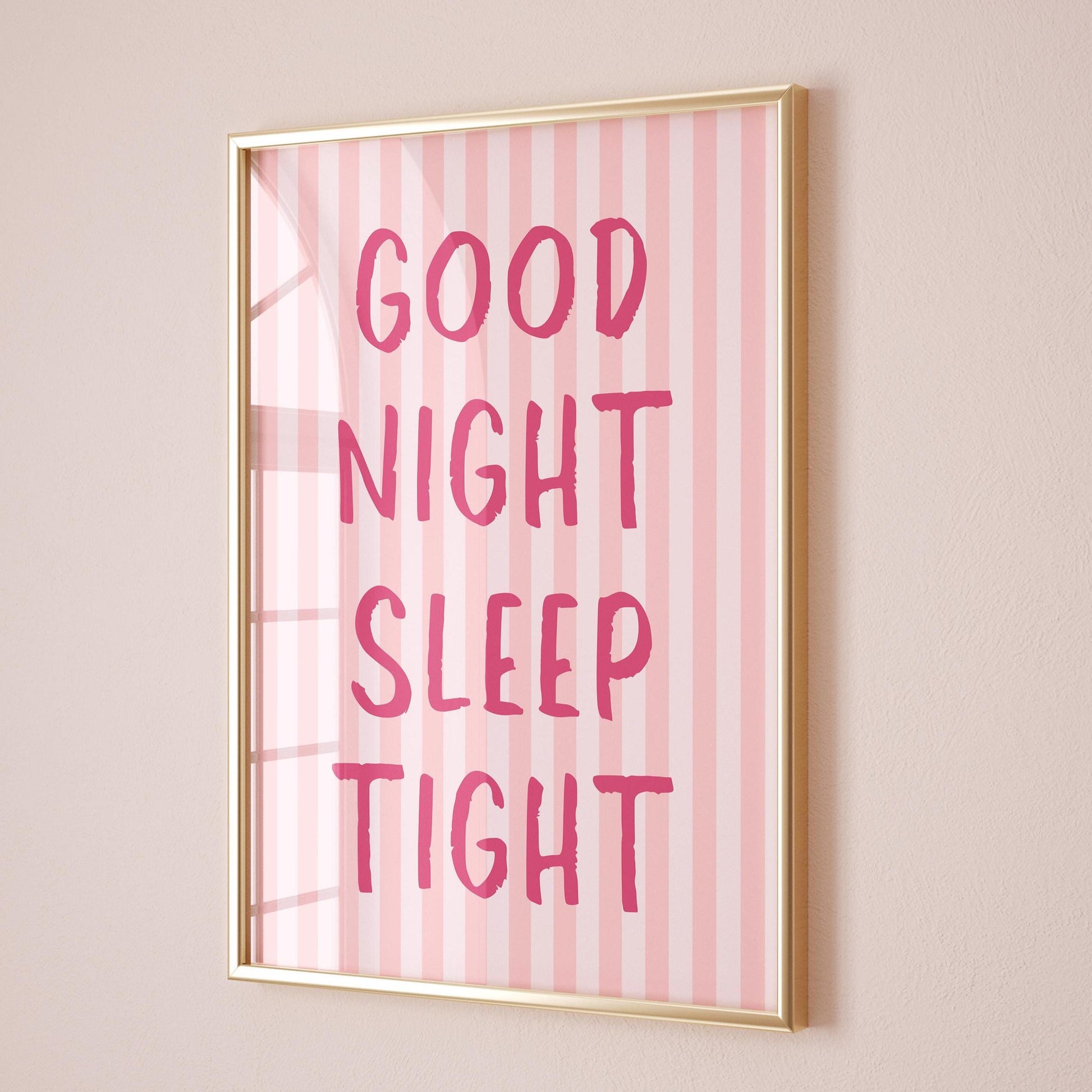 Good Night Sleep Tight Art Print: Pink Striped Bedroom Decor