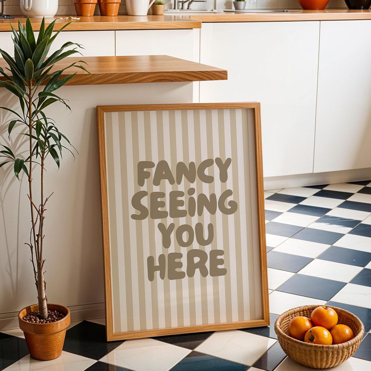 Fancy Seeing You Here Art Print, Funny Typography Wall Art, Hallway Print, Beige Striped Home Decor