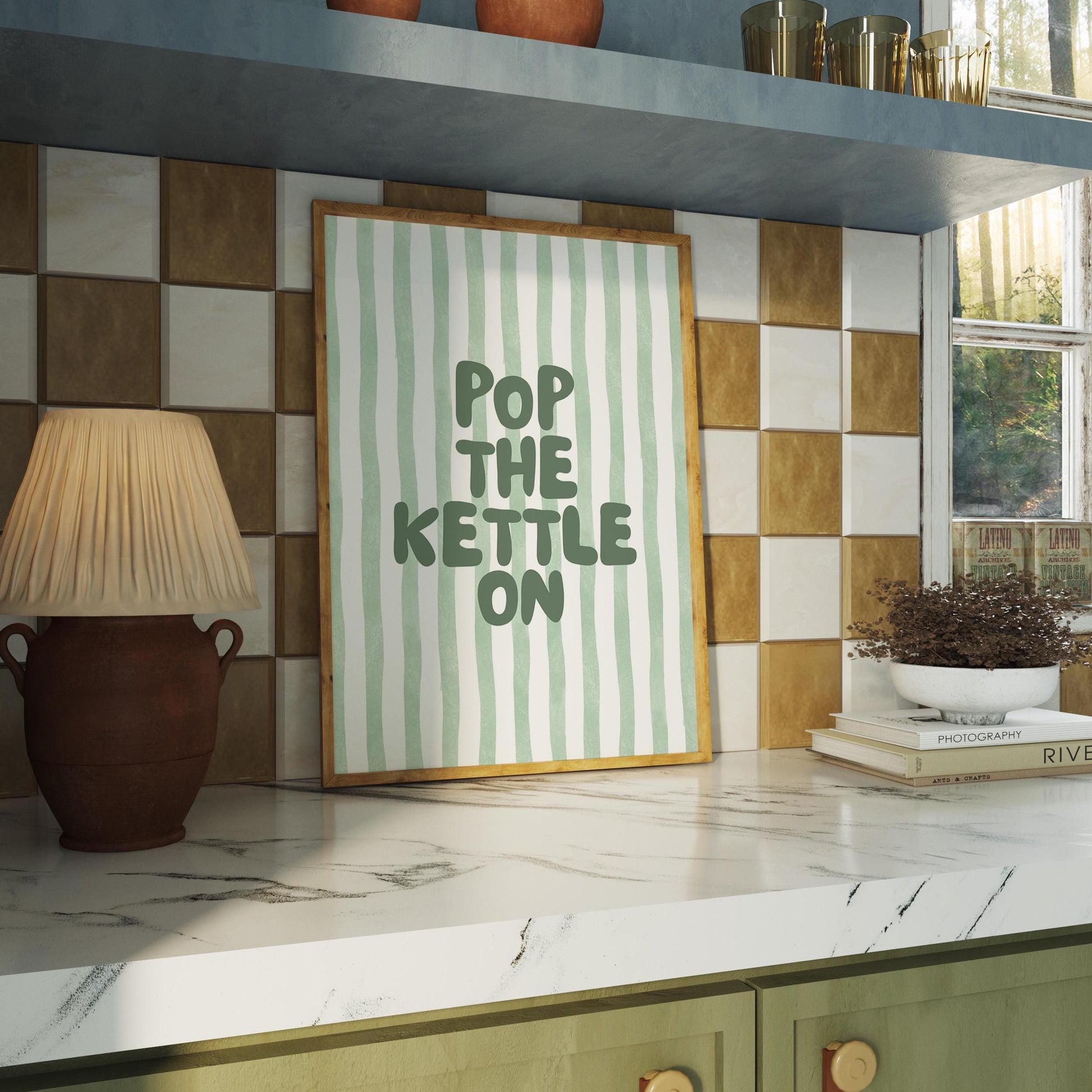 Pop The Kettle On Art Print Green Kitchen Wall Art