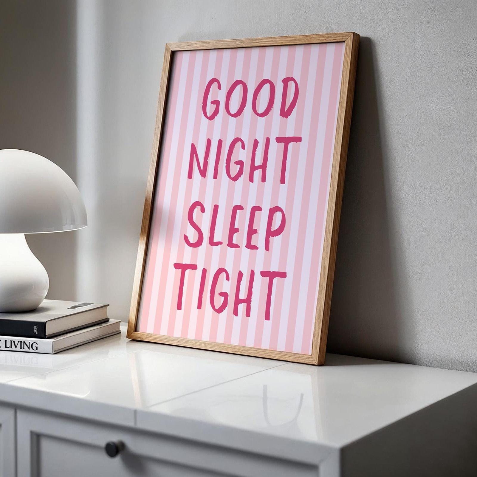 Good Night Sleep Tight Art Print: Pink Striped Bedroom Decor