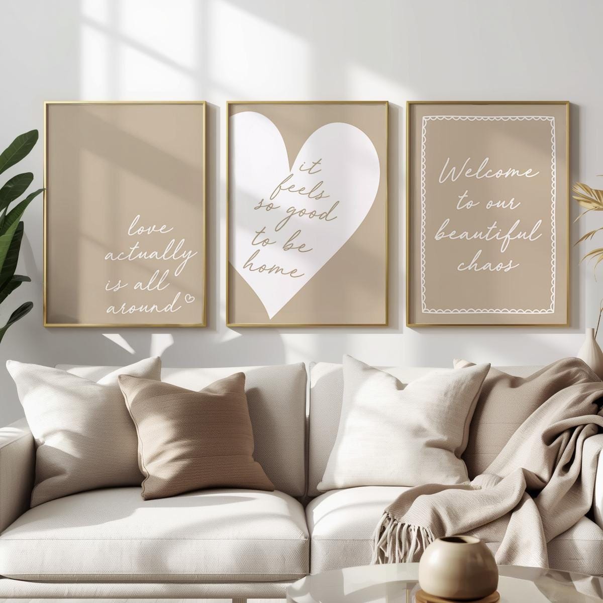 set of three beige typography wall art