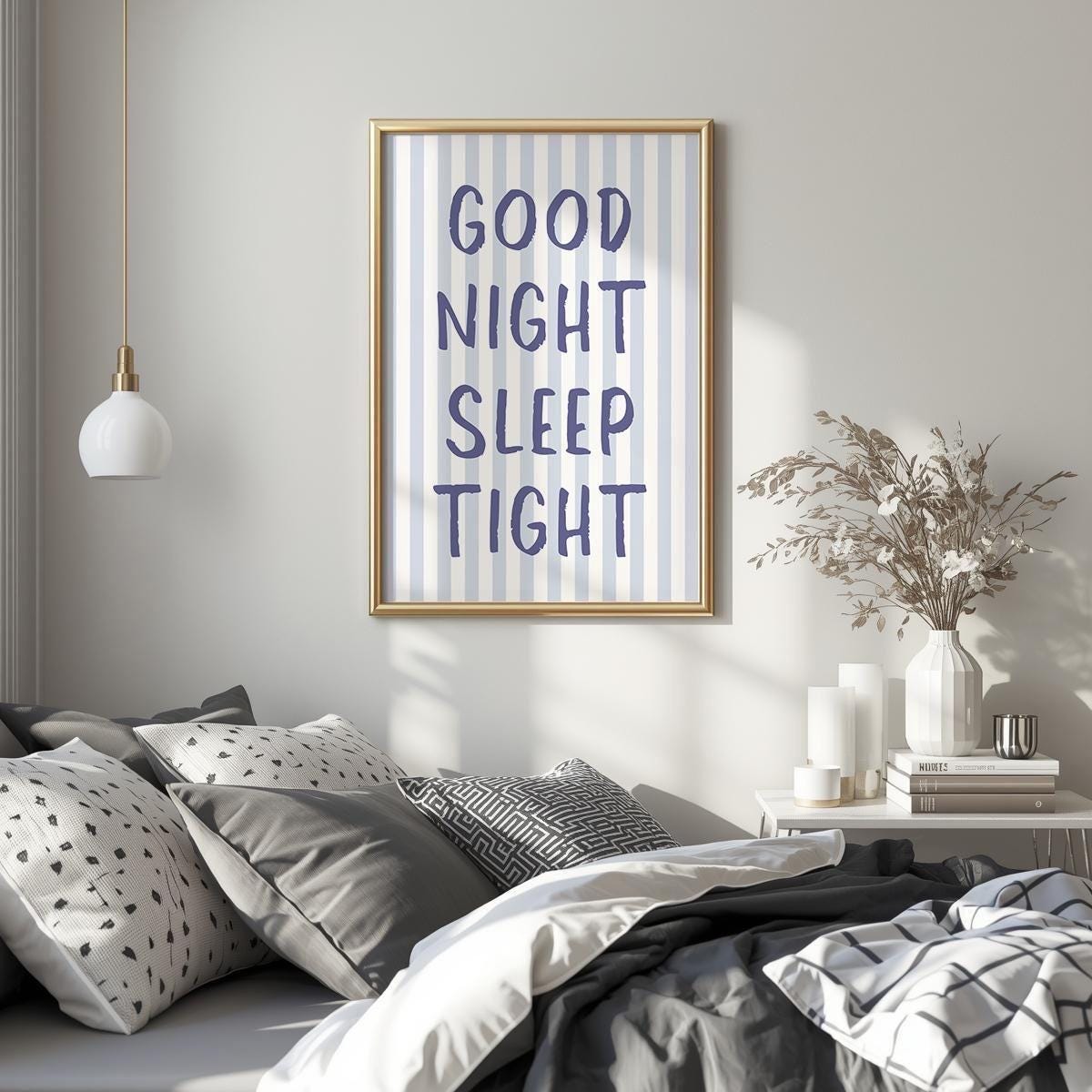 Good Night Sleep Tight Art Print Blue Striped Bedroom Wall Decor