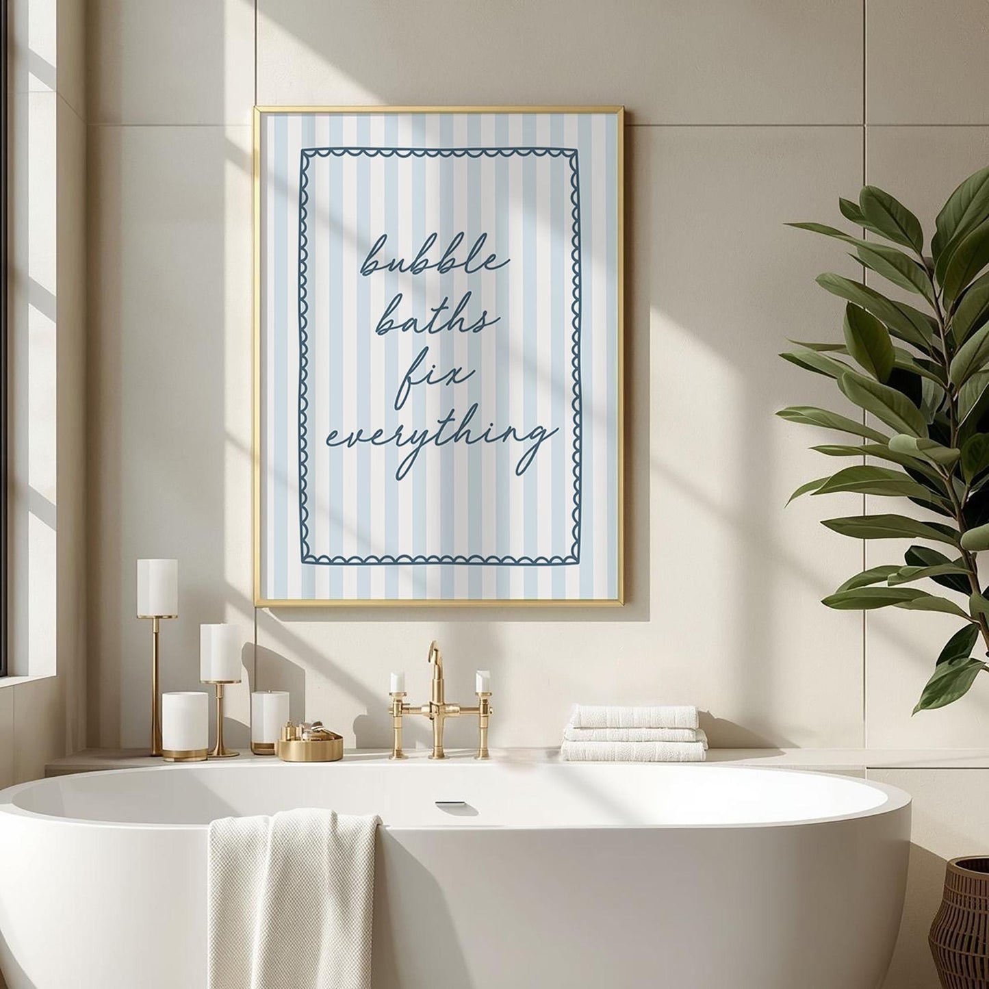 Bubble Baths Fix Everything Art Print, Blue Striped Bathroom Wall Decor