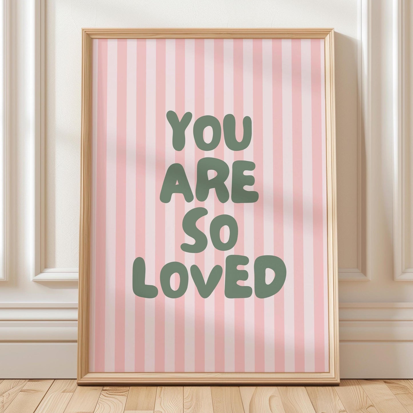 You Are So Loved Art Print Pink Stripes and Green Wall Decor