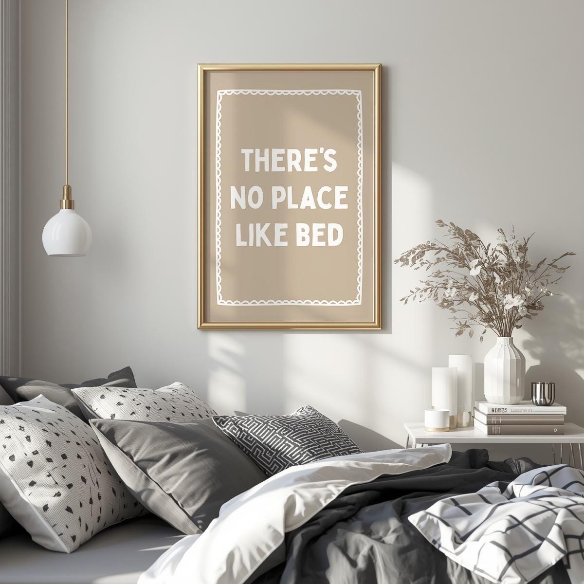Theres No Place Like Bed Art Print Beige Wall Decor