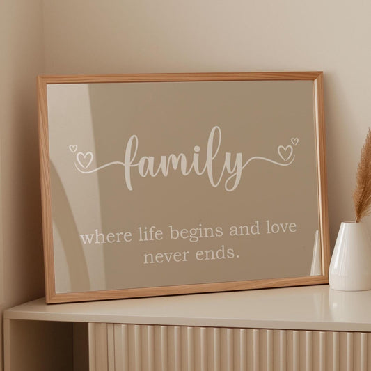 Family Where Life Begins and Love Never Ends Beige Landscape Art Print
