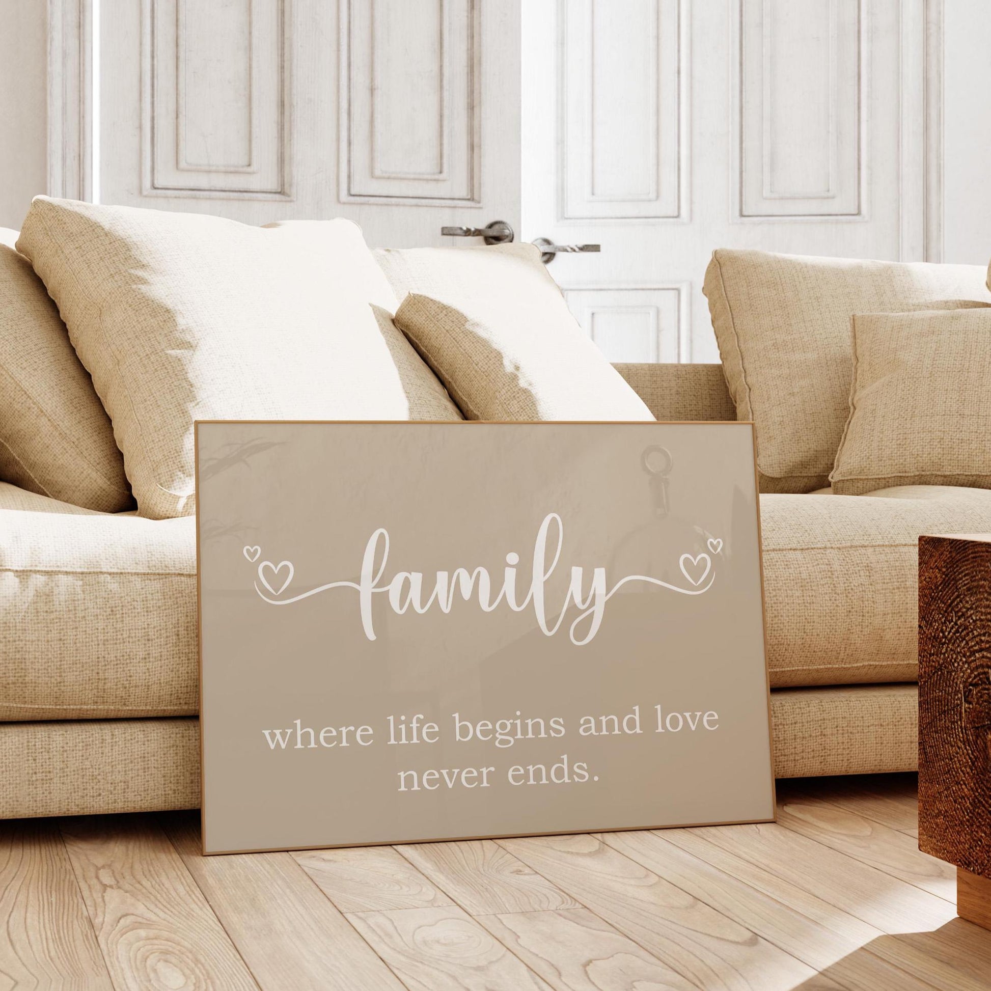 Family Where Life Begins and Love Never Ends Beige Landscape Art Print