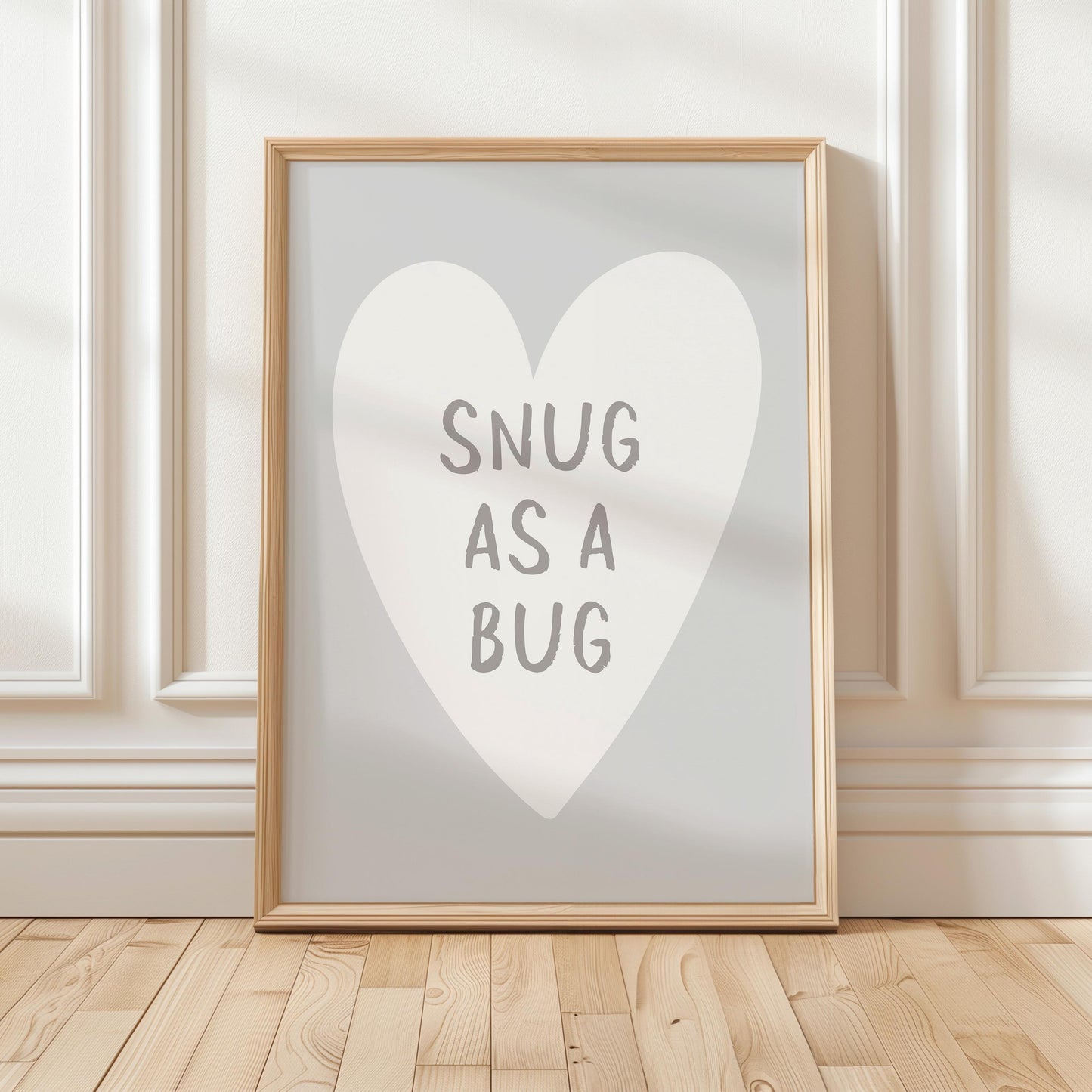 Snug As A Bug Art Print, Light Grey Bedroom Wall Art, Above Bed Poster