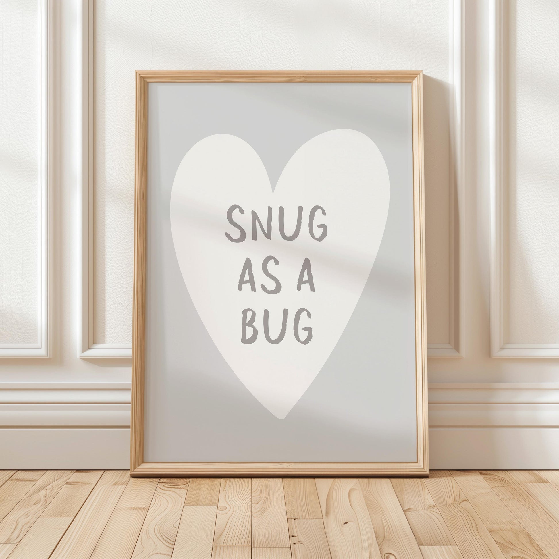 Snug As A Bug Art Print, Light Grey Bedroom Wall Art, Above Bed Poster