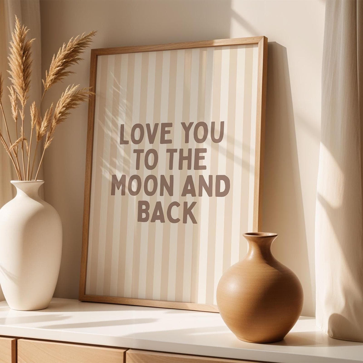 Love You To The Moon And Back Art Print, Cute Striped Bedroom Wall Print, Kids Room Decor, Above Bed Poster, Bohemian Beige Decor