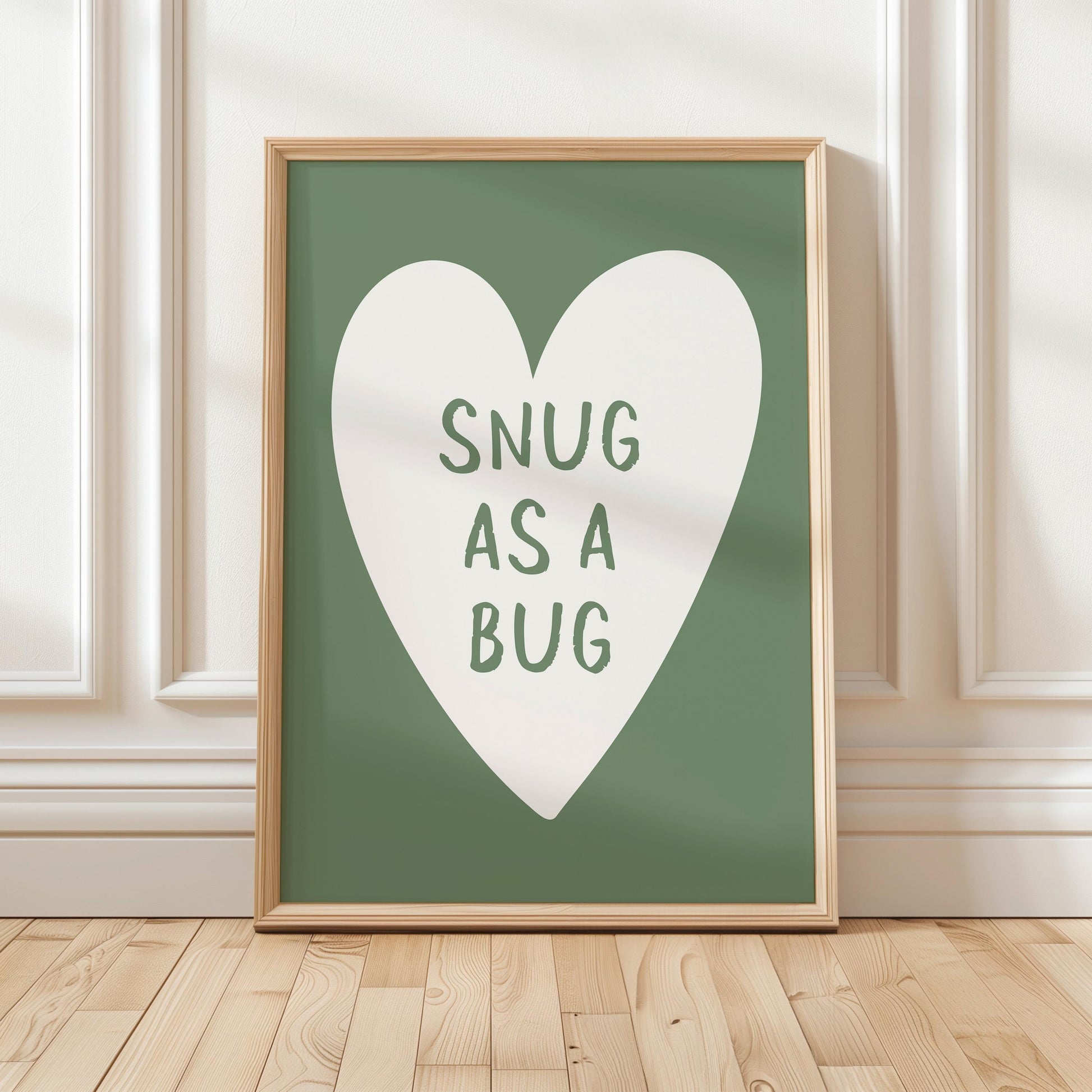 Snug As A Bug Art Print, Green Bedroom Wall Art, Above Bed Poster