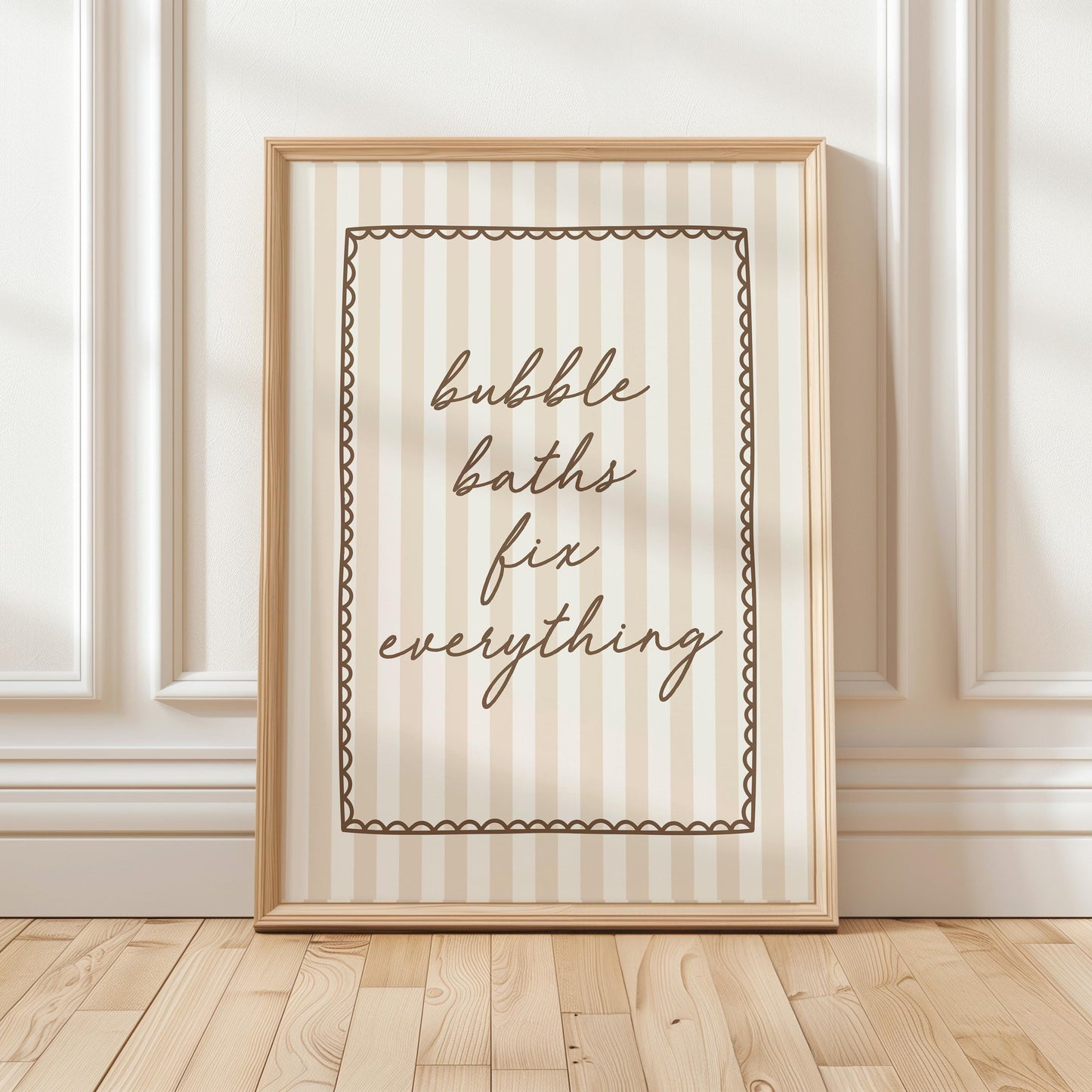 Bubble Baths Fix Everything Art Print, Beige Striped Bathroom Wall Decor