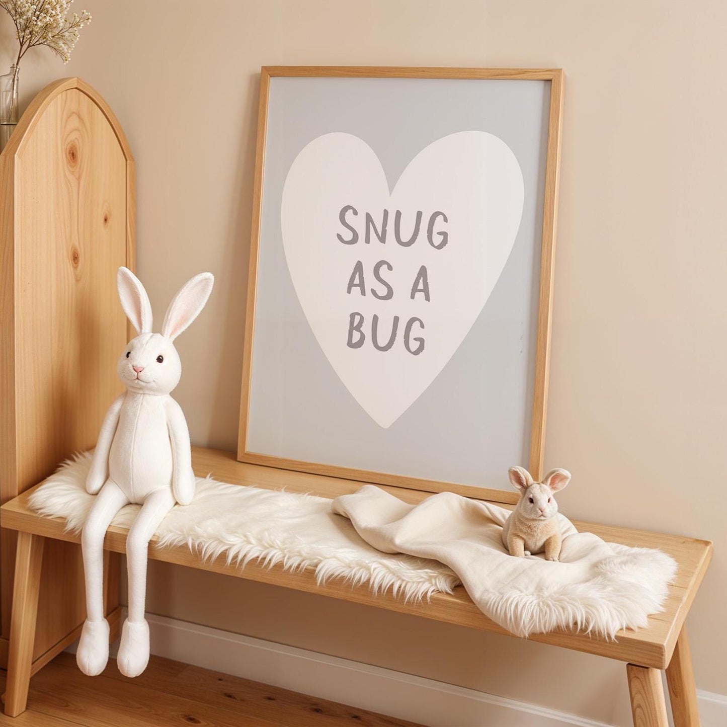 Snug As A Bug Art Print, Light Grey Bedroom Wall Art, Above Bed Poster