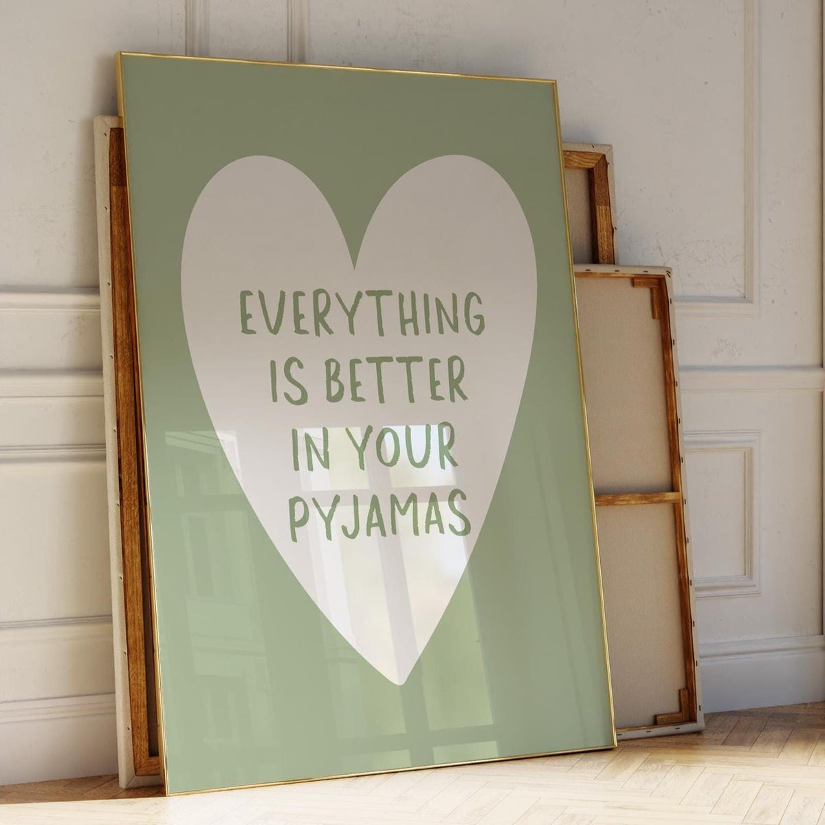 Everything Is Better In Your Pyjamas Art Print, Sage Green Bedroom Wall Art, Aesthetic Room Decor, Above Bed Heart Poster