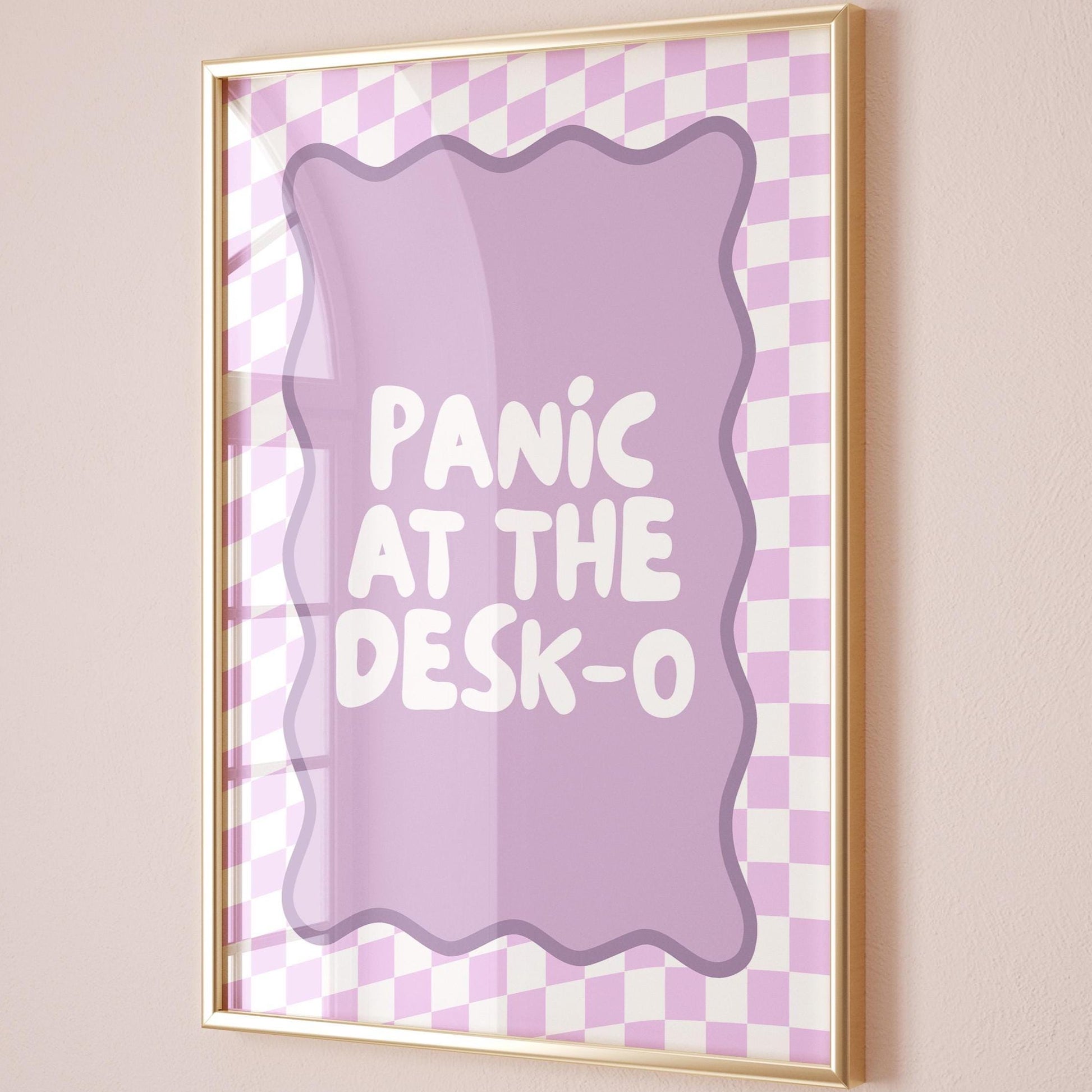 panic at the desko purple checkered art print