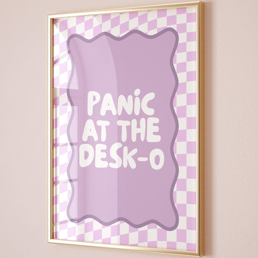 panic at the desko purple checkered art print