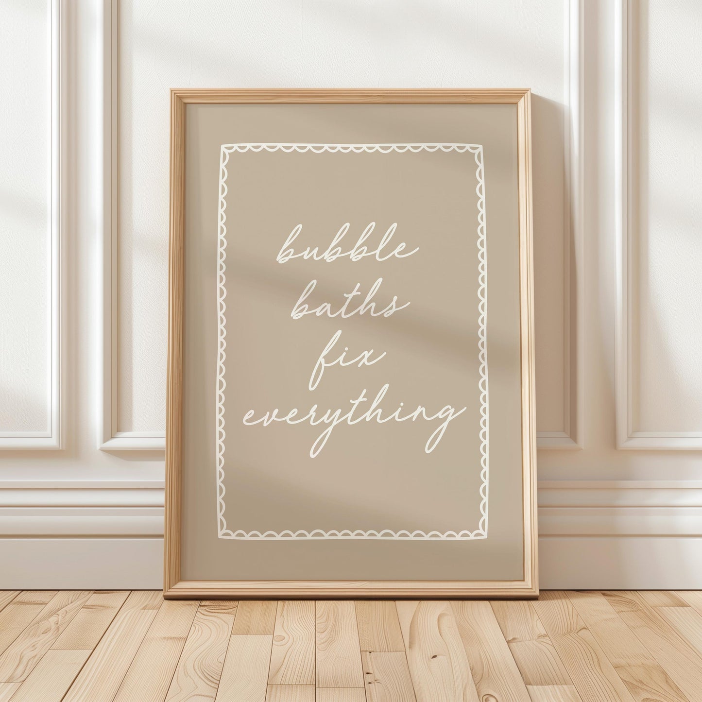 Bubble Baths Fix Everything Art Print, Beige Striped Bathroom Wall Decor