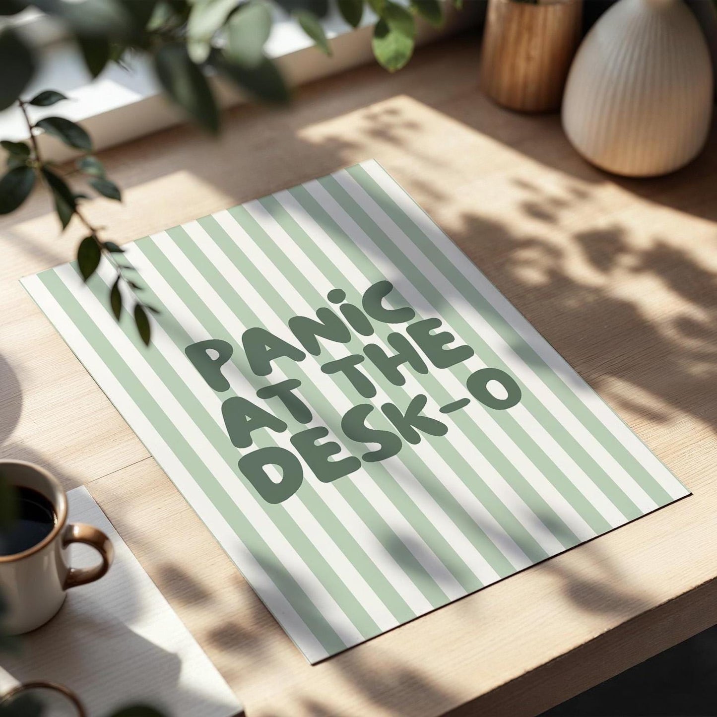 Panic At The Desk-O Art Print, Funny Office Poster, Work From Home Wall Art, Green Striped Decor
