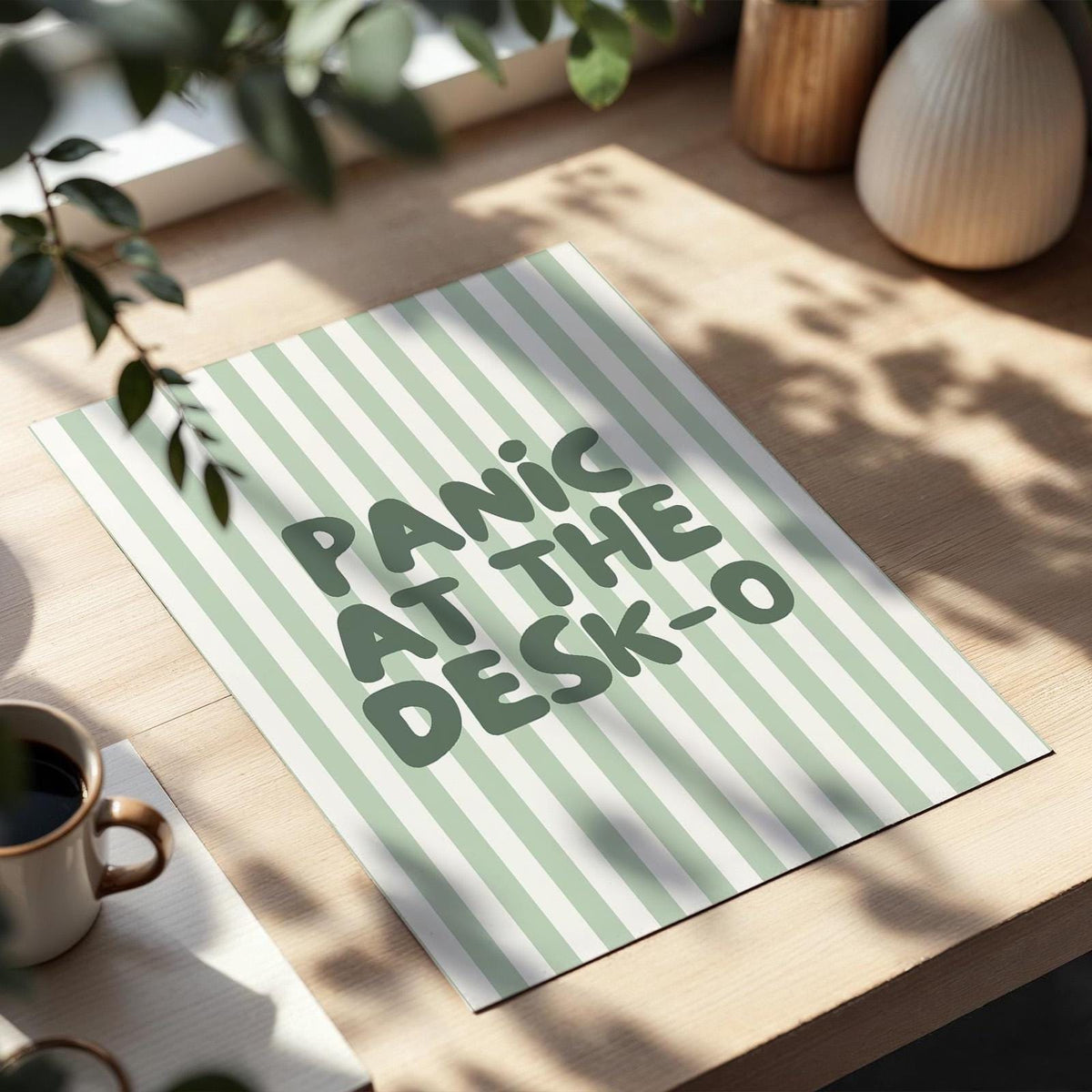 Panic At The Desk-O Art Print, Funny Office Poster, Work From Home Wall Art, Green Striped Decor