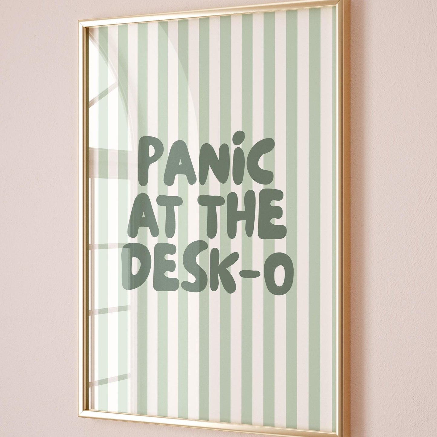 Panic At The Desk-O Art Print, Funny Office Poster, Work From Home Wall Art, Green Striped Decor