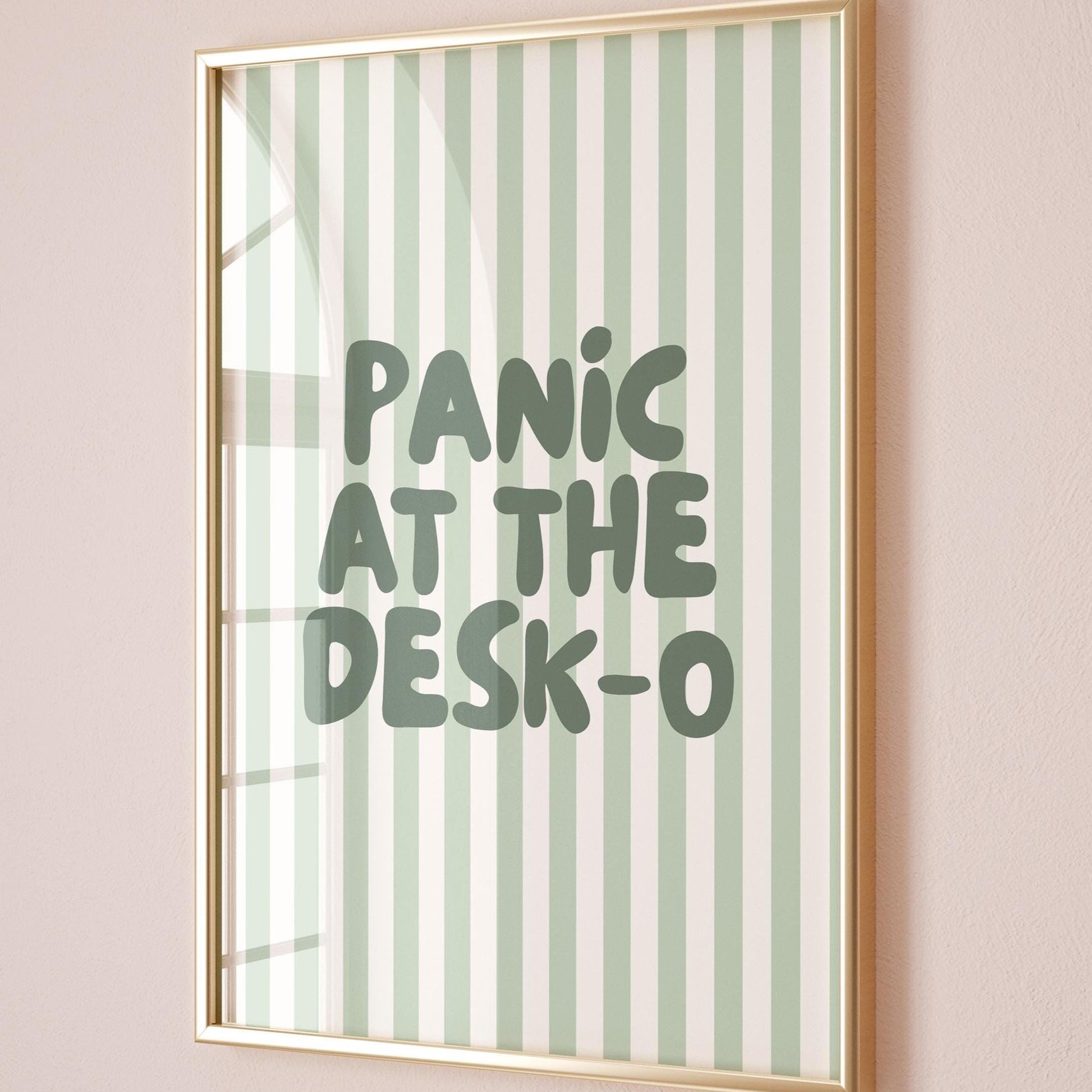 Panic At The Desk-O Art Print, Funny Office Poster, Work From Home Wall Art, Green Striped Decor