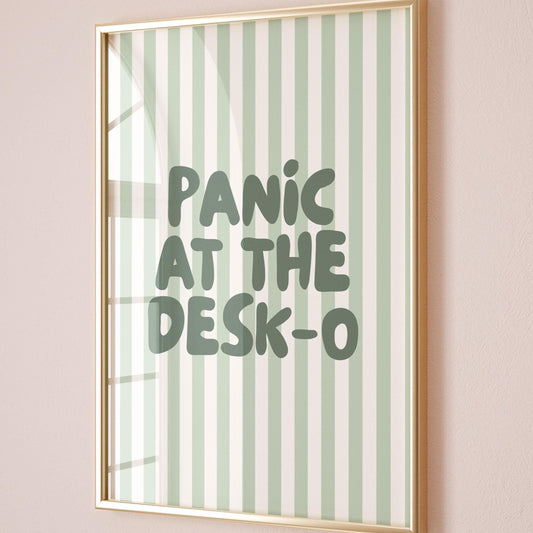Panic At The Desk-O Art Print, Funny Office Poster, Work From Home Wall Art, Green Striped Decor