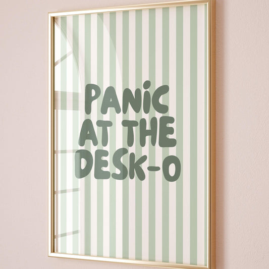 Panic At The Desk-O Art Print, Funny Office Poster, Work From Home Wall Art, Green Striped Decor