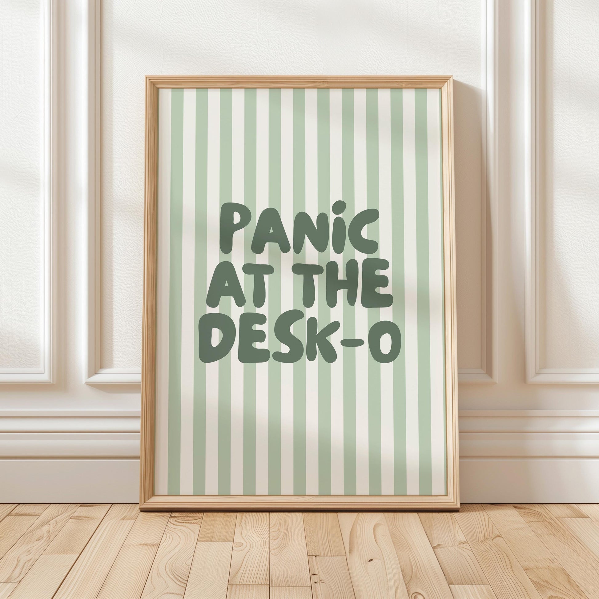 Panic At The Desk-O Art Print, Funny Office Poster, Work From Home Wall Art, Green Striped Decor