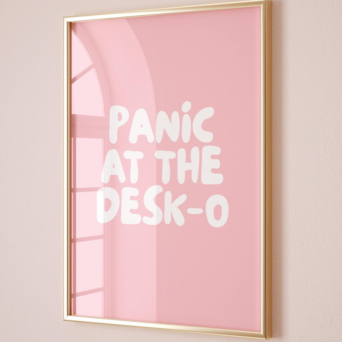 panic at the desko pink and white wall print